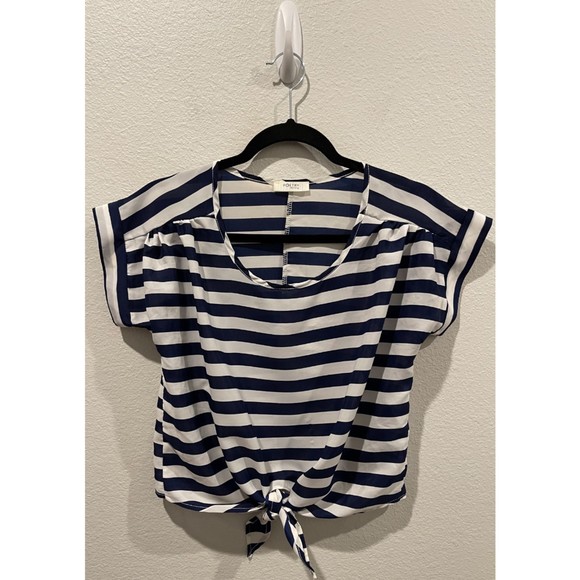 POETRY Navy Blue Antique White Striped Short Sleeve Blouse - Picture 1 of 4